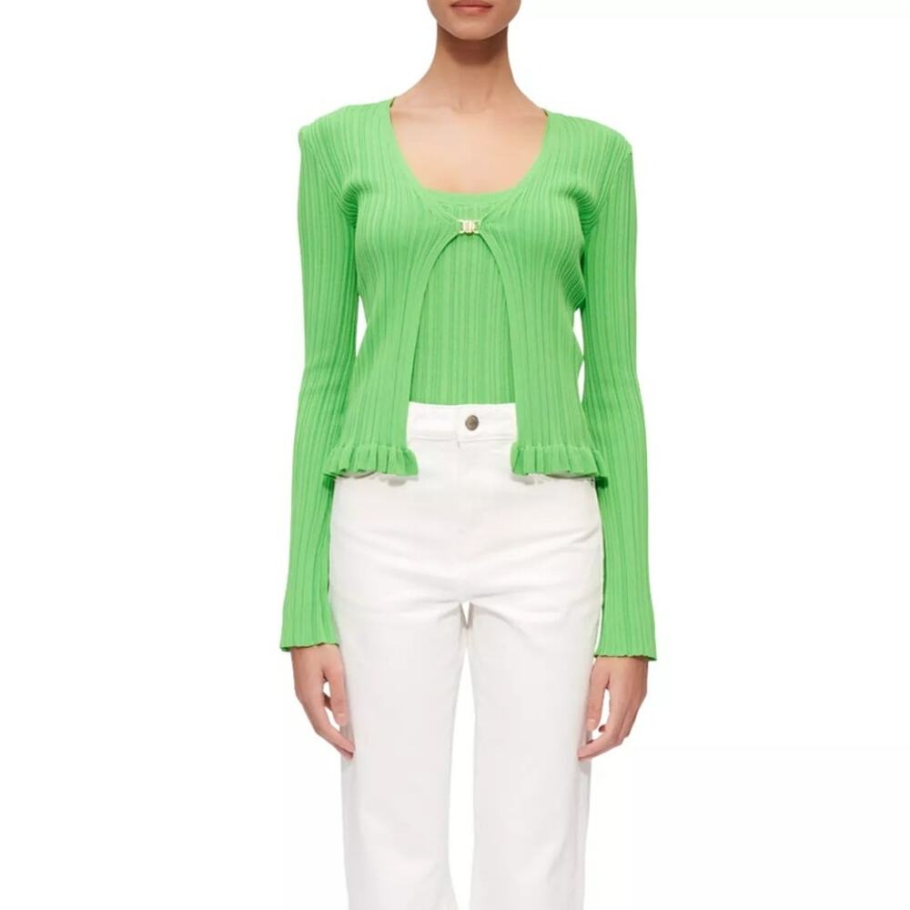 Maje Maestro Ribbed Long Sleeve Clasp Closure Cardigan Green Size L